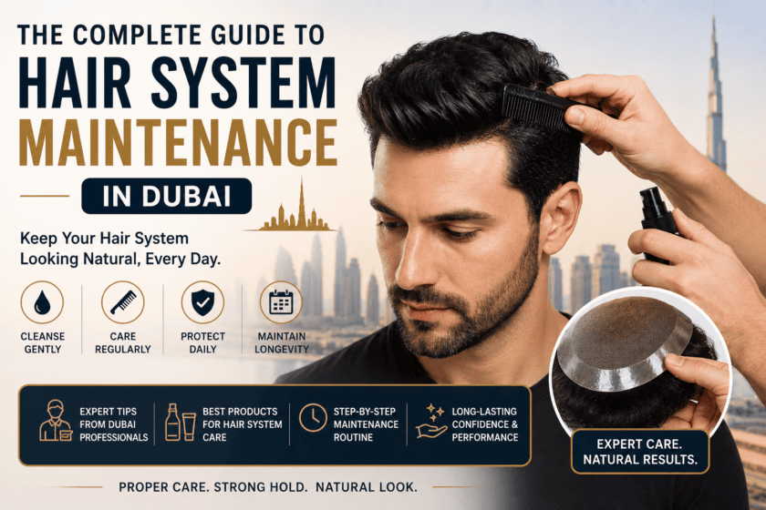 Hair specialist performing professional hair system maintenance and rebonding in Dubai.