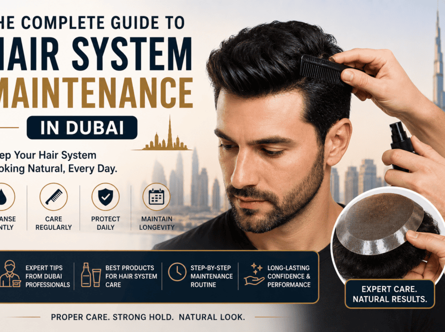 Hair specialist performing professional hair system maintenance and rebonding in Dubai.